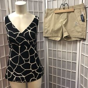 Ann Tylor/Antique Navy, Women's, Blouse + Short Set, Black + White, Khaki, Size